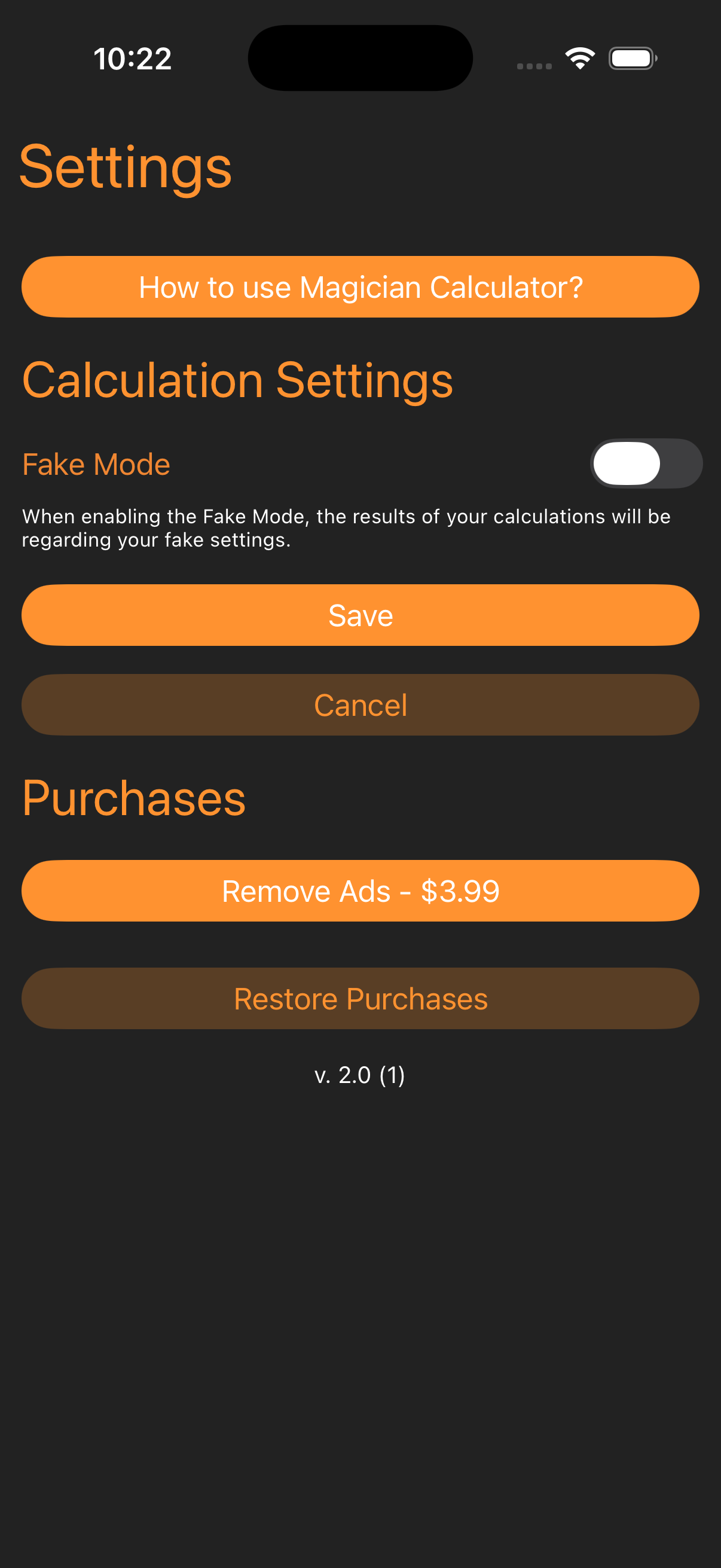 Magician Calculator settings view dark mode